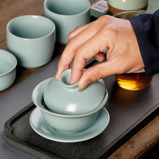 汝窑天地三才盖碗茶杯单个天青色纯手工泡茶碗中式碗盖茶具敬茶碗 商品图2