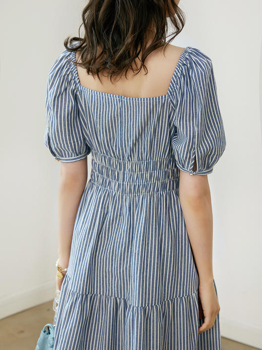 HeyDress条纹法式连衣裙女夏季收腰显瘦长裙气质方领裙子 商品图3