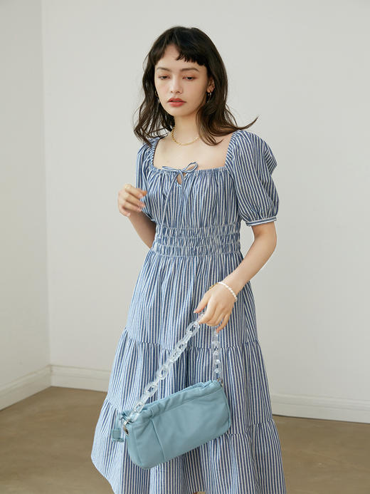 HeyDress条纹法式连衣裙女夏季收腰显瘦长裙气质方领裙子 商品图0