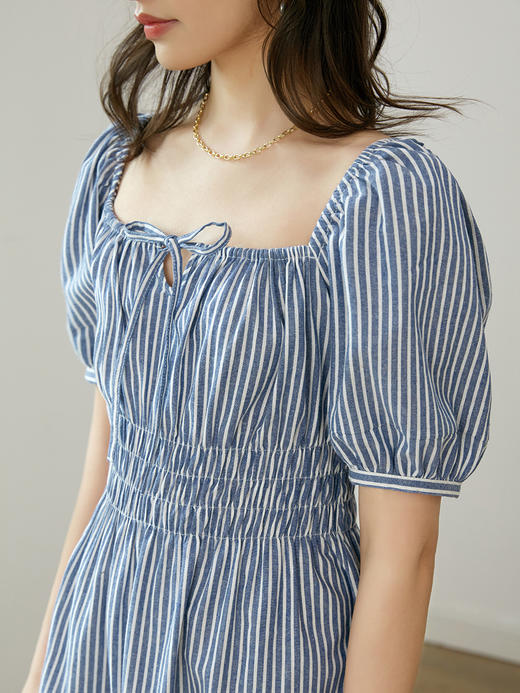 HeyDress条纹法式连衣裙女夏季收腰显瘦长裙气质方领裙子 商品图2