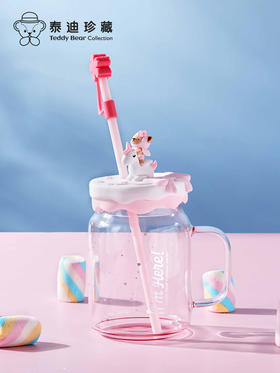 泰迪珍藏樱花水杯吸管玻璃杯QG