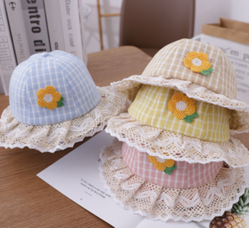 【母婴 】宝宝婴儿帽子春季薄款男童女童渔夫帽遮阳防晒花边格子太阳花盆帽