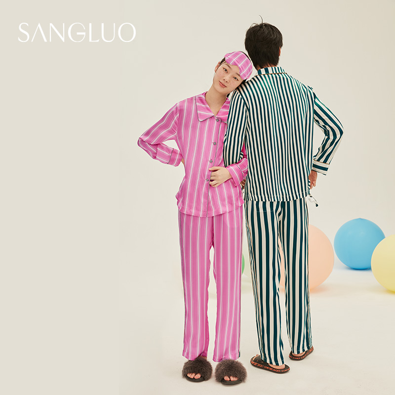 条纹情侣睡衣居家套装男女礼物