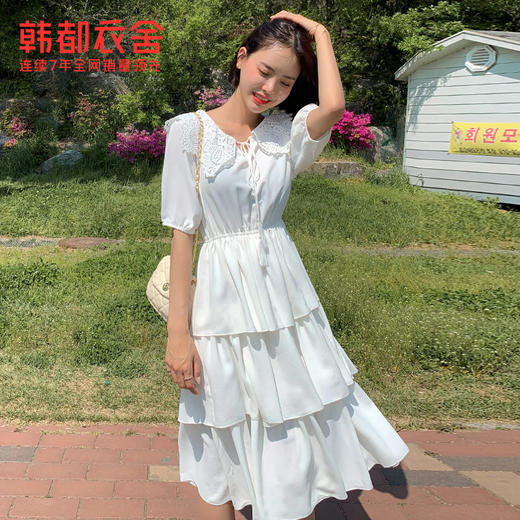 韩都衣舍2021韩版女装夏装蕾丝雪纺仙女蛋糕裙白色连衣裙OK1431鲲 商品图0