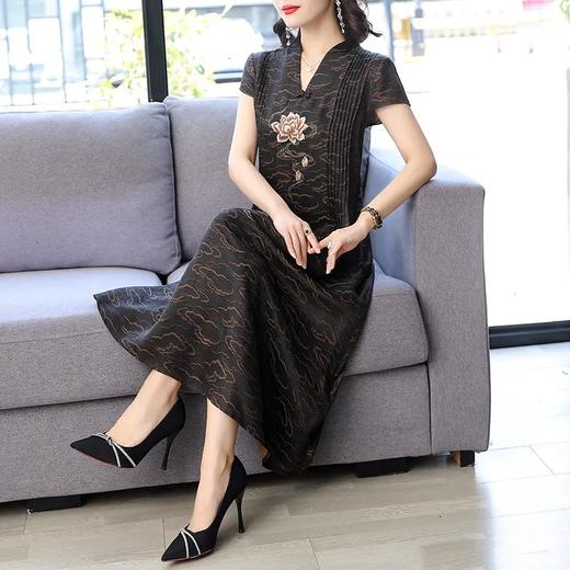 XYA632 2021夏季新款复古香云纱中国风刺绣装短袖连衣裙 商品图3