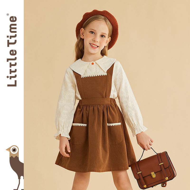 littletime女童背心裙贝壳边2021秋季新款复古可拆两穿儿童背带裙