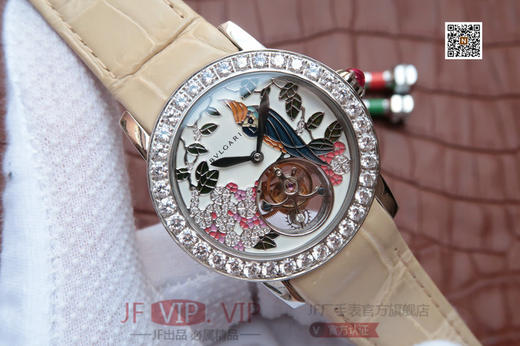 W0053N455宝格丽 凹镜 女款37毫米直径陀飞轮  珐琅表盘 立体鹦鹉 搭载手动复古偏心陀飞轮 美洲进口鳄鱼皮 商品图7