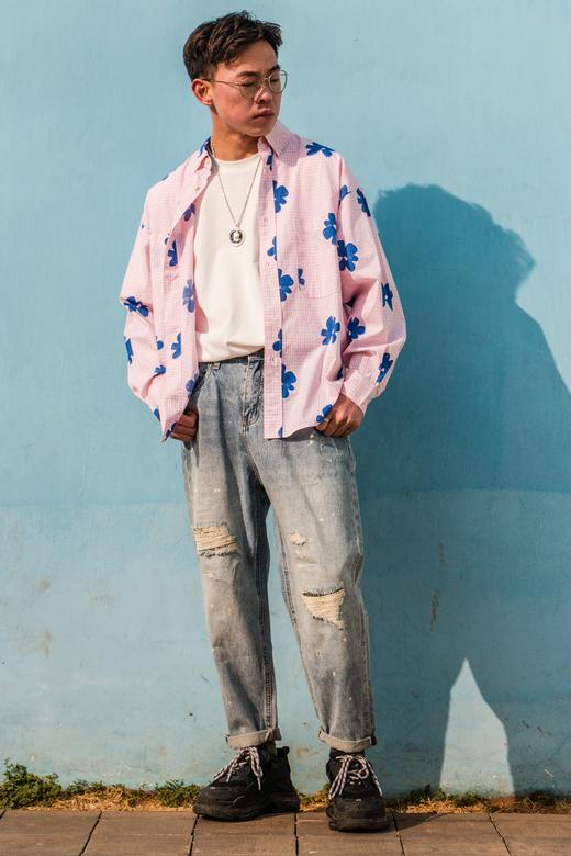 B11932140蓝花格纹长袖衬衫 商品图0