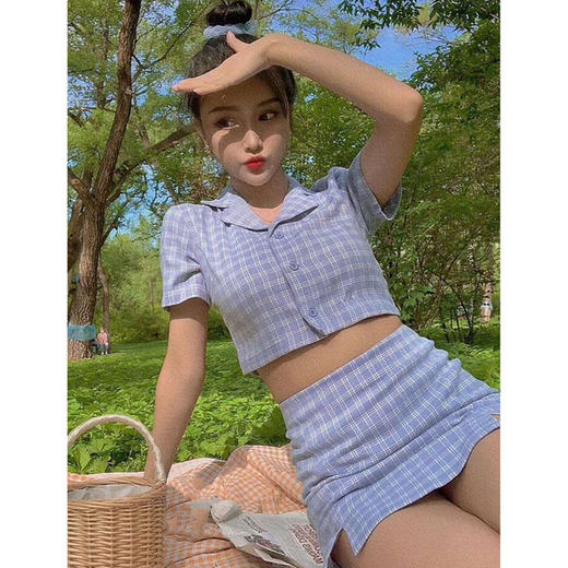 【服饰鞋包】BM夏女式格子短款上衣套装裙新款格纹半身裙 商品图1