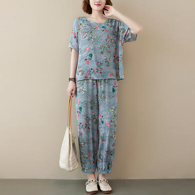 AHM ypyz8014 2021夏季新款花色洋气中老年短袖长裤宽松两件套t 恤+束脚防蚊裤 商品图2