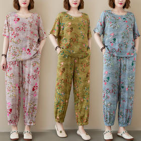AHM ypyz8014 2021夏季新款花色洋气中老年短袖长裤宽松两件套t 恤+束脚防蚊裤