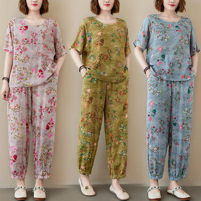 AHM ypyz8014 2021夏季新款花色洋气中老年短袖长裤宽松两件套t 恤+束脚防蚊裤 商品图0