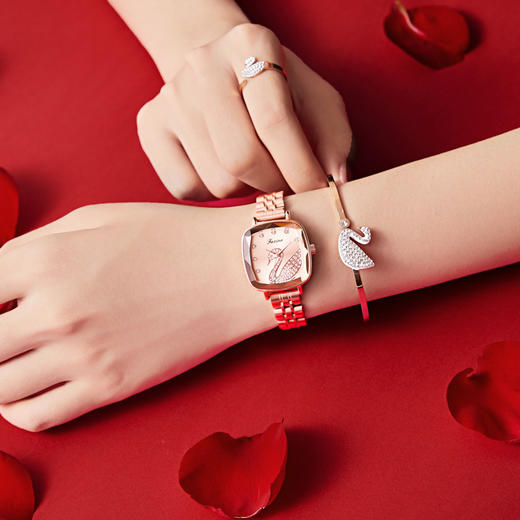 七夕女表方形手表女天鹅礼盒钢带手表 商品图1