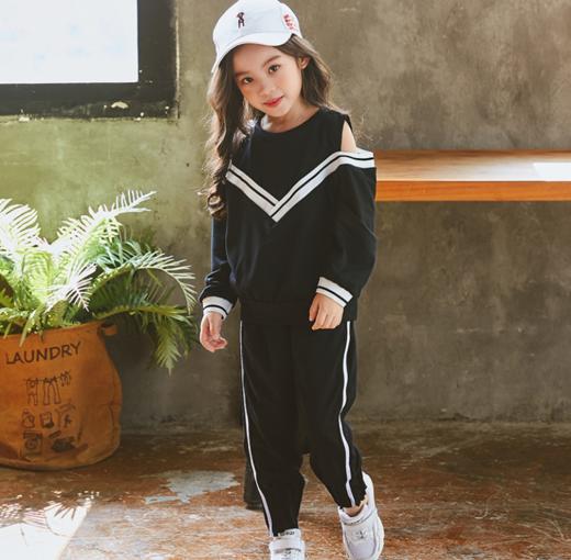 【童装】童装春季新款时尚露肩童卫衣+松紧腰运动裤拼色儿童套装 商品图0