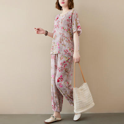 AHM ypyz8014 2021夏季新款花色洋气中老年短袖长裤宽松两件套t 恤+束脚防蚊裤 商品图3