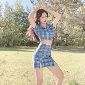 【服饰鞋包】BM夏女式格子短款上衣套装裙新款格纹半身裙
