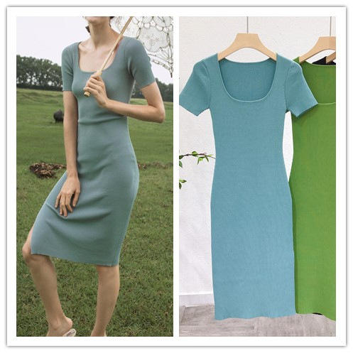 【服饰鞋包】新款法式复古方领茶歇裙螺纹修身显瘦开叉针织连衣裙长裙 商品图1