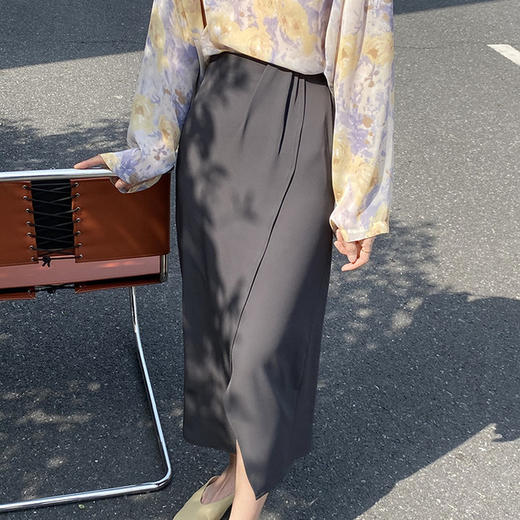 【服饰鞋包】打褶半身裙高腰中长款裙子垂感雪纺裙开叉 商品图1