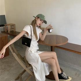 【服饰鞋包】辣妹中长款开叉短袖连衣裙夏季韩版收腰显瘦小白裙子女