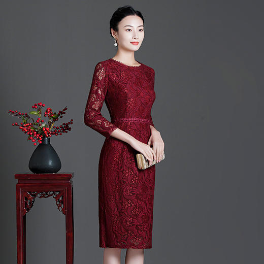 上海旗袍厂ZY-Q5686秋装新款优雅气质显瘦连衣裙酒红色蕾丝女裙现货 商品图4