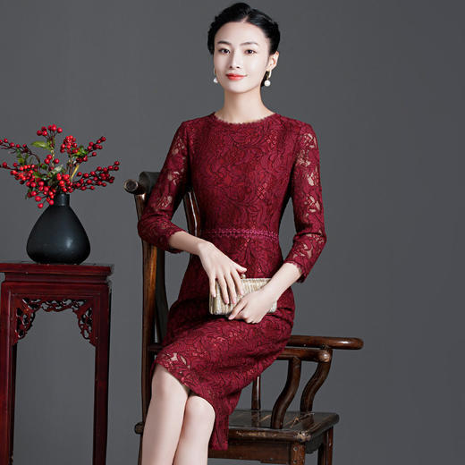 上海旗袍厂ZY-Q5686秋装新款优雅气质显瘦连衣裙酒红色蕾丝女裙现货 商品图3