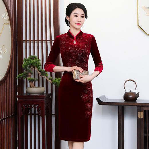 上海旗袍厂ZY-Q5576秋装新款端庄大气水滴领旗袍连衣裙中国风修身大码女装 商品图5