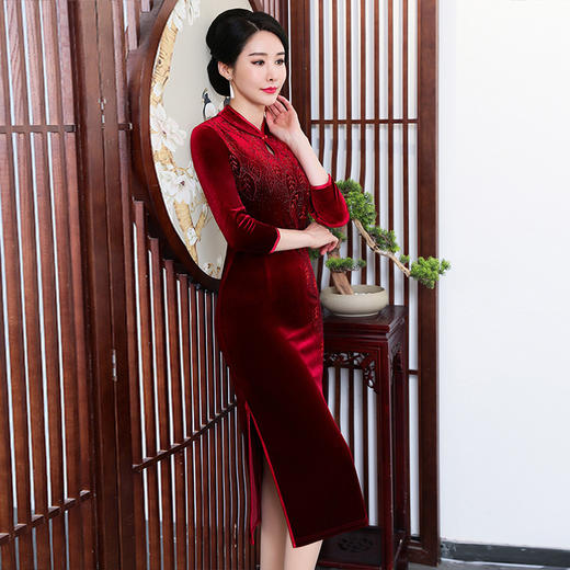 上海旗袍厂ZY-Q5586秋冬新款中式端庄优雅女装重工烫钻改良旗袍连衣裙 商品图1