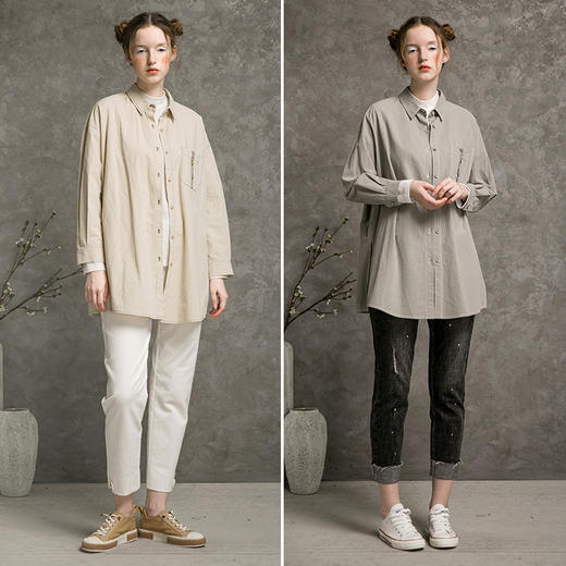 Famecoco范可儿长袖衬衫女士秋时尚中长款上衣F216BG001 商品图3