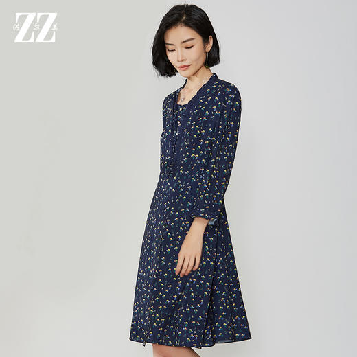 佐尔美秋季新款A字摆深V领三色花连衣裙E11LL35 商品图1