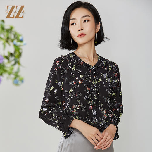 佐尔美秋季新款黑色娃娃领碎花上衣衬衣E11CC30 商品图1