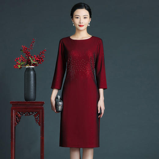 上海旗袍厂ZY-Q5736秋装新款优雅知性大码圆领烫钻钉珠连衣裙 商品图5
