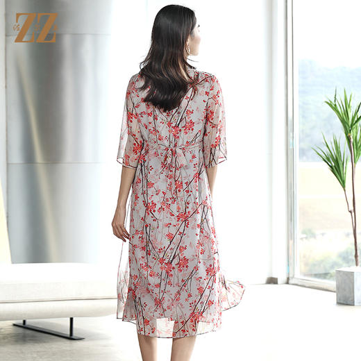 佐尔美夏款新款桑蚕丝真丝中长袖高开叉腰带连衣裙E12LS40 商品图4