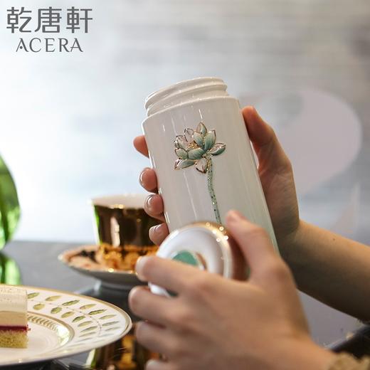 乾唐轩 清心福莲手工杯（粉红喷彩+彩釉+手工描金）双层大内胆 保温杯 随身杯双层陶瓷茶杯活瓷养生杯 主人杯 茶杯 旅行杯 商品图0