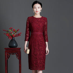 上海旗袍厂ZY-Q5686秋装新款优雅气质显瘦连衣裙酒红色蕾丝女裙现货