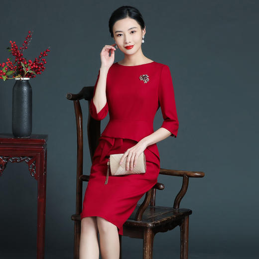 上海旗袍厂ZY-Q5756秋冬新款欧美风时尚简约年轻妈妈装大码七分袖连衣裙 商品图2