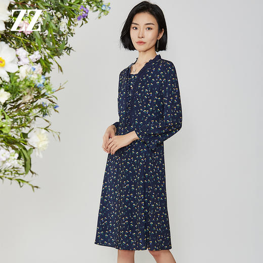 佐尔美秋季新款A字摆深V领三色花连衣裙E11LL35 商品图0