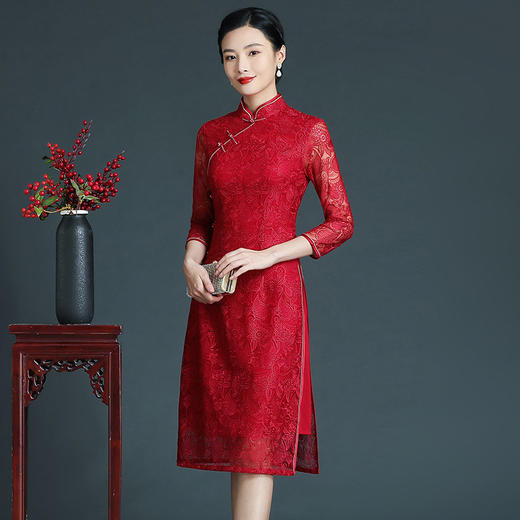 上海旗袍厂ZY-Q5666秋新款复古中国风旗袍改良婚宴喜庆蕾丝连衣裙 商品图0