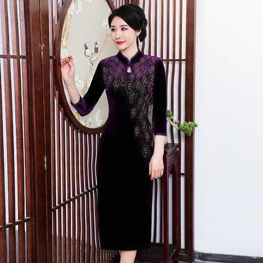 上海旗袍厂ZY-Q5586秋冬新款中式端庄优雅女装重工烫钻改良旗袍连衣裙 商品图5