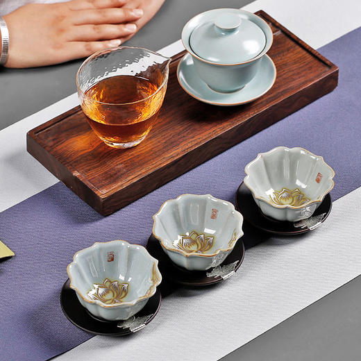 手绘银莲花汝窑茶杯个人杯开片可养大号汝瓷茶盏主人杯品茶杯单杯 商品图1