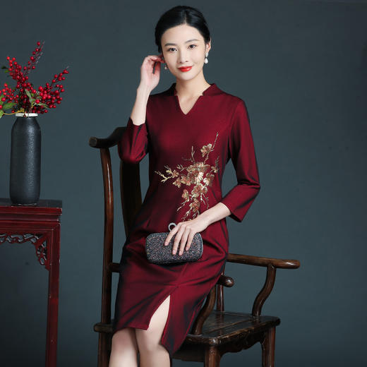 上海旗袍厂ZY-Q5726秋季新款端庄气质婚宴喜庆旗袍改良大码礼服裙 商品图1