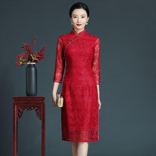 上海旗袍厂ZY-Q5666秋新款复古中国风旗袍改良婚宴喜庆蕾丝连衣裙 商品图2
