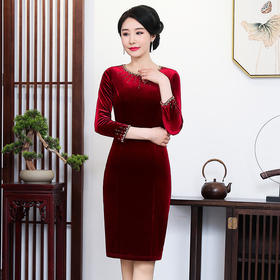 上海旗袍厂ZY-Q5616春秋金丝绒时尚气质钉珠连衣裙圆领婚礼宴会裙子女