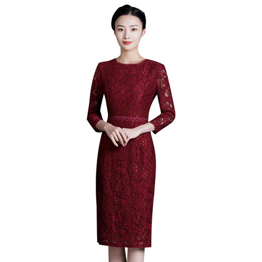 上海旗袍厂ZY-Q5686秋装新款优雅气质显瘦连衣裙酒红色蕾丝女裙现货 商品图5
