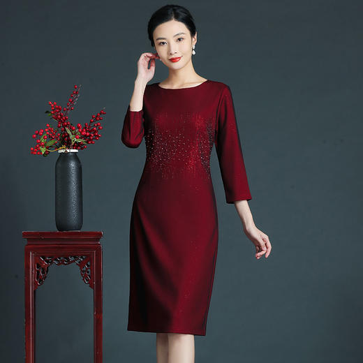上海旗袍厂ZY-Q5736秋装新款优雅知性大码圆领烫钻钉珠连衣裙 商品图2