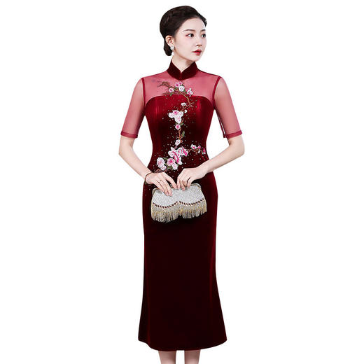 上海旗袍厂ZY-Q5626新款中国风金丝绒改良版旗袍连衣裙春秋优雅显瘦婚宴礼服裙 商品图4