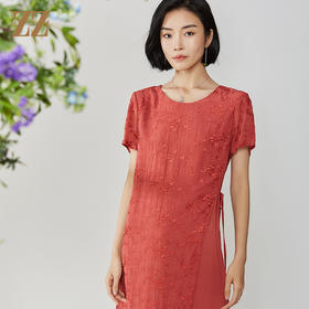 佐尔美夏季新款真丝优雅乔其绣花短袖桑蚕丝连衣裙E02LS59