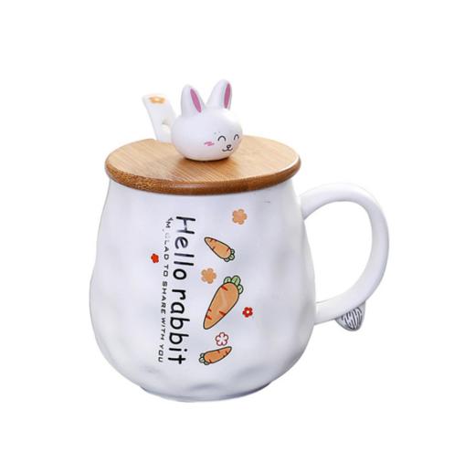 【杯子】创意陶瓷卡通兔子木盖水杯带盖勺子 商品图0