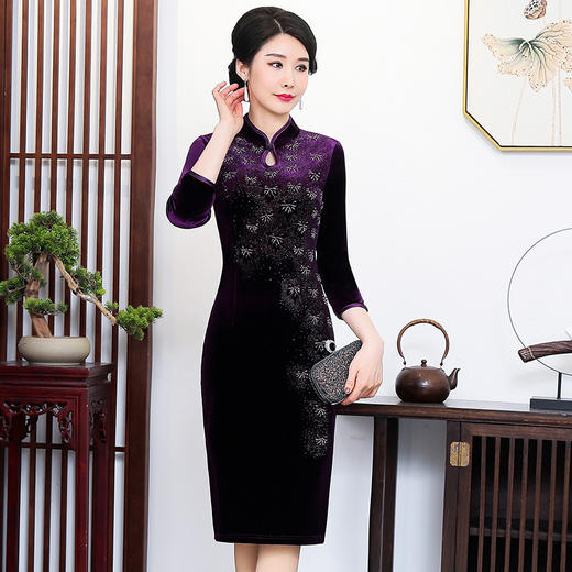 上海旗袍厂ZY-Q5576秋装新款端庄大气水滴领旗袍连衣裙中国风修身大码女装 商品图1