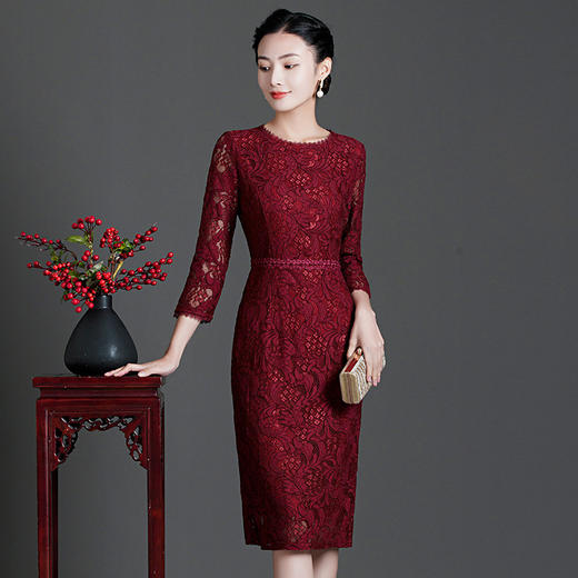 上海旗袍厂ZY-Q5686秋装新款优雅气质显瘦连衣裙酒红色蕾丝女裙现货 商品图2