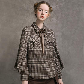 Famecoco范可儿格子衬衫秋宽松设计灯笼袖开身衬衣F216BH001
